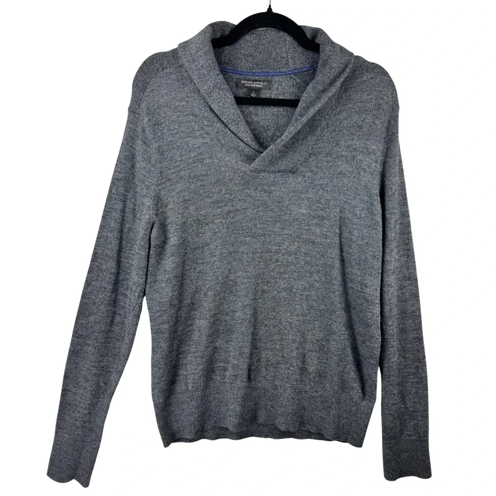 Banana Republic Sweater Mens Large Gray Extra Fine Merino Wool Shawl Collar Knit